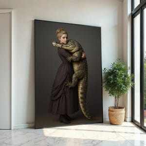 Mädchen umarmt Alligator Leinwand, Tierwandkunst im viktorianischen Stil, Krokodildruck, Wandkunst-Leinwanddesign, fertig zum Aufhängen