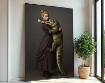 Meisje knuffelen alligator canvas, Victoriaanse stijl dieren kunst aan de muur, krokodil print, kunst aan de muur canvas ontwerp, klaar om op te hangen Home decor