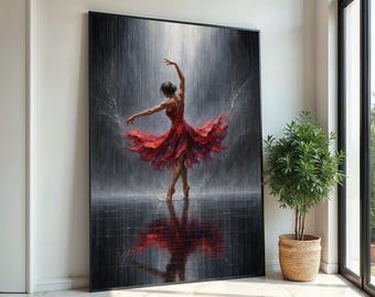 Print Art, Elegant Dancer in Red Canvas, Ballerina Wall Art, Dance in Rain Print, Art Canvas Design, Ready to Hang Decor