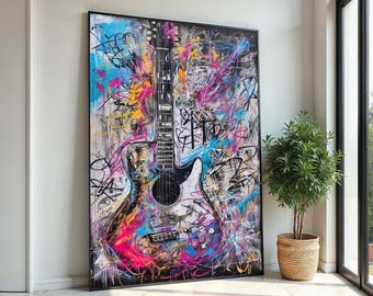 Kolorowe płótno z gitarą, abstrakcyjna sztuka muzyczna, grafika ścienna z gitarą elektryczną, wydruk na płótnie, sztuka w stylu graffiti, dekoracja gotowa do powieszenia