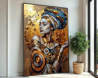 May include: A framed artwork depicting a woman in a turban and gold jewelry. The portrait features a gold and mosaic background, with the woman's skin tone in shades of gray and blue. The artwork is displayed in a bright room with a plant.