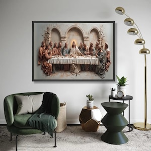 Art mural sur toile La Cène, décoration religieuse chrétienne, tableau Jésus et ses apôtres, toile scène biblique, décoration prête à accrocher image 4