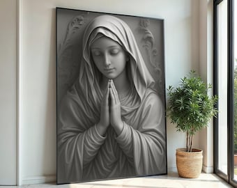 Virgin Mary Canvas Wall Art,Religious Art Print,Monochrome Mary Poster,Holy Mother Wall Decor,Catholic CanvasDesign,Ready To Hang Decoration