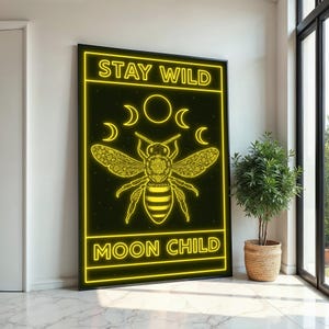 Lienzo con las fases lunares de la abeja amarilla, arte mural "Mantente salvaje", póster "Niño lunar", diseño de lienzo para pared, decoración lista para colgar