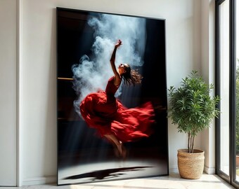 Graceful Dancer Canvas, Elegant Red Dress Artwork, Ballerina Wall Art, Dance Movement Poster, Canvas Design, Ready to Hang Home Decor
