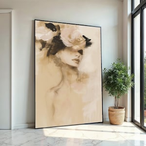Abstract Lady with Flowers Canvas, Elegant Woman Wall Art, Fashion Illustration, Wall Art Canvas Design, Framed Ready to Hang
