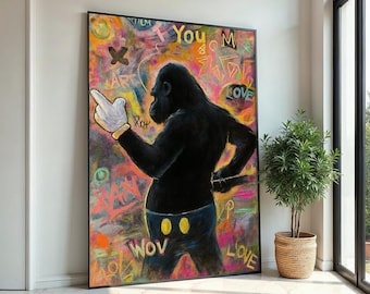 May include: A colorful abstract painting featuring a black gorilla wearing a white glove and blue pants with yellow polka dots. The gorilla is giving the middle finger. The background is filled with colorful graffiti-style text, including the words "You", "Love", and "Wow".