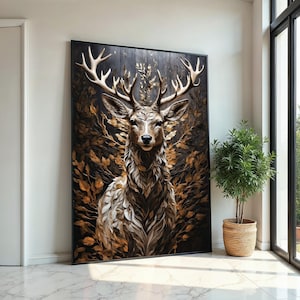 Tela con cervo maestoso, stampa murale con cervo, stampa di animali del bosco, decorazione con foglie autunnali, design per tela da parete, decorazione pronta da appendere