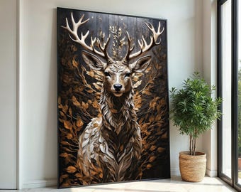 Majestic Stag Canvas, Deer Wall Art, Woodland Animal Print, Autumn Leaves Decor, Wall Art Canvas Design, Ready To Hang Decoration