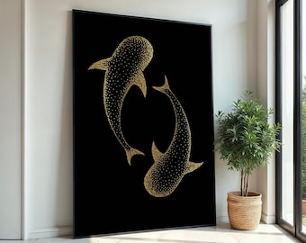 Goldener Walhai Leinwand, Meeresleben Kunst, Kunst, Wandkunst, Leinwanddesign, fertig zum Aufhängen, ozeanischer Druck, Haifischdekor