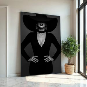 Elegant Lady in Black, Fashion Canvas Art, Woman Art,Black Hat Wall Art, Stylish Woman Print,Wall Art Canvas Design,Ready to Hang Decoration