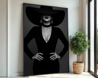 Elegant Lady in Black, Fashion Canvas Art, Woman Art,Black Hat Wall Art, Stylish Woman Print,Wall Art Canvas Design,Ready to Hang Decoration