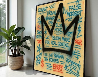 Lienzo de grafiti de corona, estilo urbano, impresión de arte callejero, diseño de lienzo para pared, decoración lista para colgar, etiquetas expresivas, colores llamativos