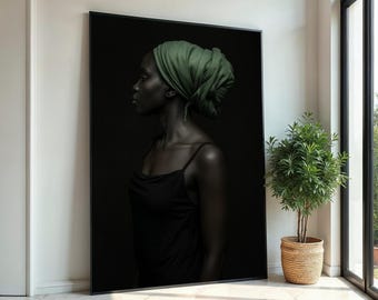 Lienzo de perfil elegante, arte con pañuelo verde, arte de mujer afro, retrato de pared, diseño de lienzo, decoración lista para colgar, póster de retrato moderno