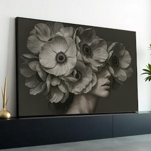Floral Face Canvas Art, Woman with Flowers Wall Art, Artistic Flower Portrait, Wall Art Canvas Design, Ready to Hang Home Decor