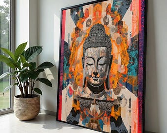 Abstract Geometric Buddha Canvas Print – Vibrant Collage Zen Wall Art, Psychedelic Orange Teal Meditation Décor, Boho Spiritual Gift