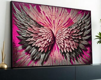 Pink Angel Wings Canvas, Wing Art, Abstract Wall Art, Feathers Wall Print, Winged Beauty, Wall Art Canvas Design, Ready To Hang Decor