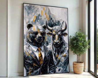 Bear Bull Finance Canvas, Stock Market Art, Wall Street Bull Bear Canvas, Wall Art Canvas Design, Ready To Hang Business Decor
