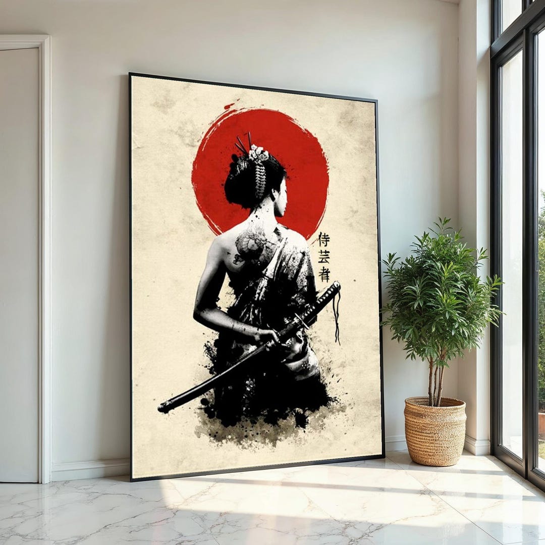 Japanese Geisha Samurai Canvas Art Print – Modern Red Sun Wall Decor ...