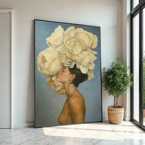 Tela de beleza de coroa floral, arte de mulher com flores, arte de parede elegante, design de tela, decoração pronta para pendurar, impressão de retrato etéreo