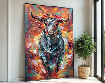 Livfull tjurcanvas, färgglad tjurväggkonst, djurkonsttryck, väggkonstcanvasdesign, redo att hängas, abstrakt tjuraffisch