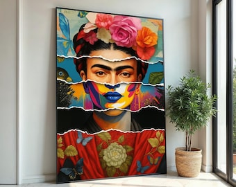 Frida Kahlo,Floral Portrait Canvas,Colorful Face Art, Multilayered Canvas Design,Floral Wall Art, Art Canvas Design,Ready to Hang Decoration