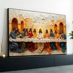 Puede incluir: Una pintura que representa la Última Cena, con Jesucristo y sus discípulos reunidos alrededor de una mesa. La pintura está realizada en un estilo pictórico con pinceladas gruesas y colores vibrantes.
