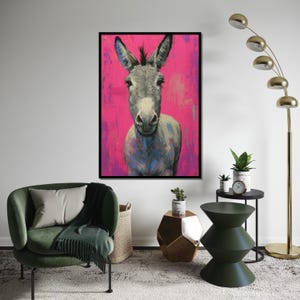 Colorful Donkey Canvas, Vibrant Animal Art, Pink Background Donkey Print, Wall Art Canvas Design, Ready to Hang Decoration