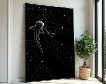 宇宙のサメのキャンバス壁アート、夜空の海のテーマ、シュールな海洋