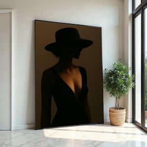 Mysterious Silhouette Canvas, Woman in Black Dress, Shadow Wall Art, Elegant Hat Portrait, Wall Art Canvas Design, Ready to Hang