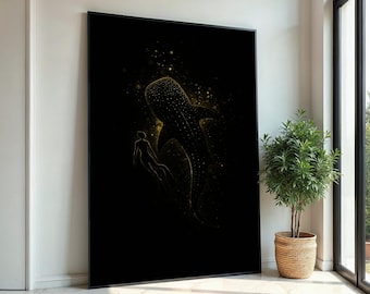 Glowing Whale Shark Canvas, Diver with Whale Shark Art, Marine Life Wall Art Canvas Design, Starry Ocean Decor, Ready to Hang