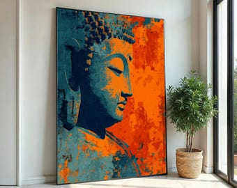 May include: Large wall art featuring a side profile of a Buddha statue in shades of teal and orange. The artwork has a textured, distressed appearance. The Buddha's face is serene, and the background is a vibrant orange.