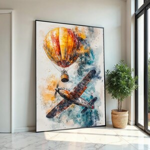 Airplane  Balloon Canvas, Vintage Aircraft Art, Hot Air Balloon Print, Aviation Wall Art, Wall Art Canvas Design, Ready to Hang Decor