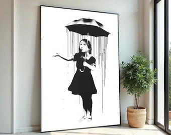 Regenschirm Mädchen Leinwandkunst, Banksy-Stil Kunst, Street Art Leinwand, Wandkunst Design, fertig zum Aufhängen, moderne Wohnkultur Leinwand
