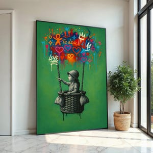 Nieuwe stijl, kleurrijke graffitiballonkunst, meisje in mandje street art canvas, stedelijke muurkunst, liefde en hoop graffitiprint, klaar om op te hangen canvas