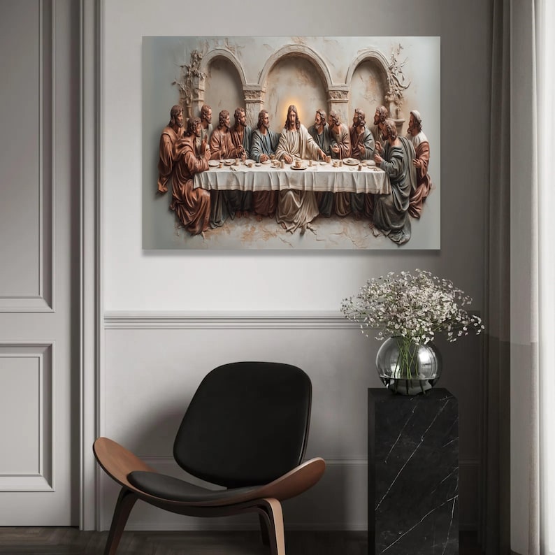 Art mural sur toile La Cène, décoration religieuse chrétienne, tableau Jésus et ses apôtres, toile scène biblique, décoration prête à accrocher image 3