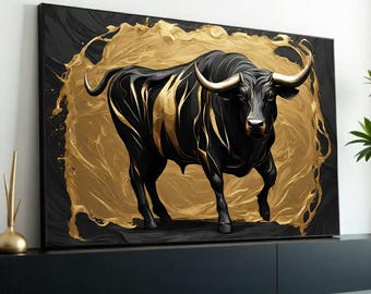 Canvastavla med gyllene tjur, majestätisk tjurmålning, akryltavla med guldtjur, väggkonst på canvas, färdig att hänga dekoration