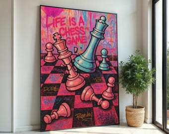Life Chess Canvas, Schachspiel Wandkunst, Buntes Graffiti Schach Druck, Abstrakte Kunst, Wand Kunst Canvas Design, Fertig zum Aufhängen Dekoration