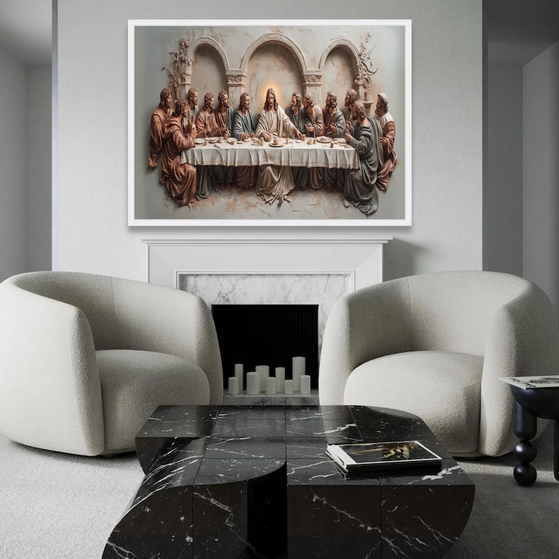 Art mural sur toile La Cène, décoration religieuse chrétienne, tableau Jésus et ses apôtres, toile scène biblique, décoration prête à accrocher image 2