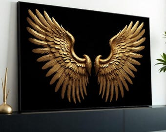 Golden Angel Wings Canvas, Luxurious Wing Decor, Angel Wings Wall Art, Feathered Elegance Canvas, Wall Art Canvas Design, Ready to Hang