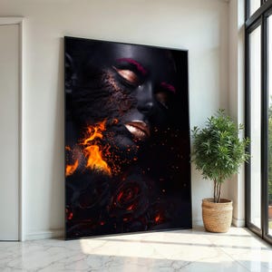 Arte en lienzo de belleza ardiente, impresión de mujer en llamas, arte de pared con rostro surrealista, póster de rosas ardientes, diseño de lienzo para arte de pared, listo para colgar