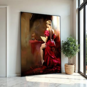 Elegant Lady in Red Canvas, Woman Reading Art, Glamorous Wall Art Canvas Design, Ready to Hang, Vintage Style Home Decor, Print Wall Art