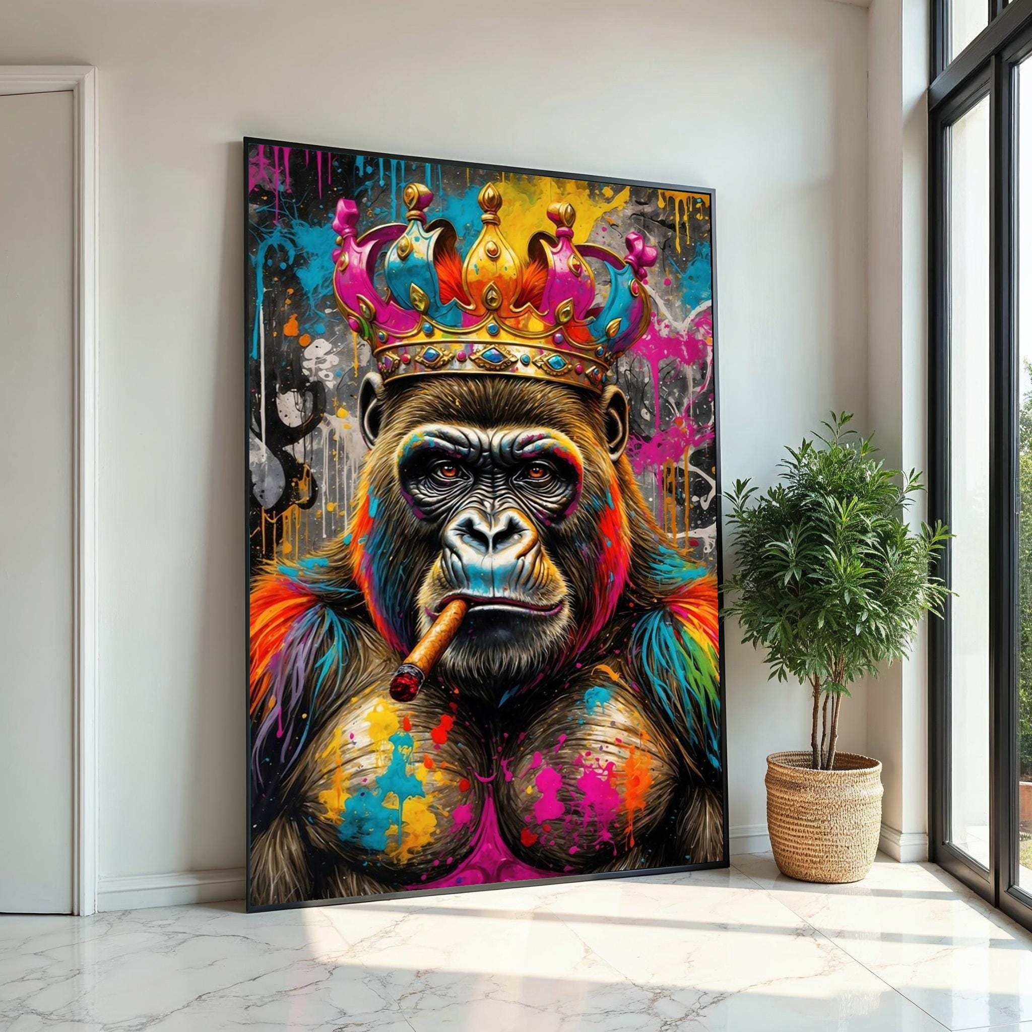 Vibrant King Gorilla, Regal Monkey Canvas, Multicolor Cigar Ape