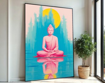 Op de afbeelding: Een roze Boeddhabeeld dat mediteert in een blauwe en roze waterscène met een gele zon op de achtergrond.