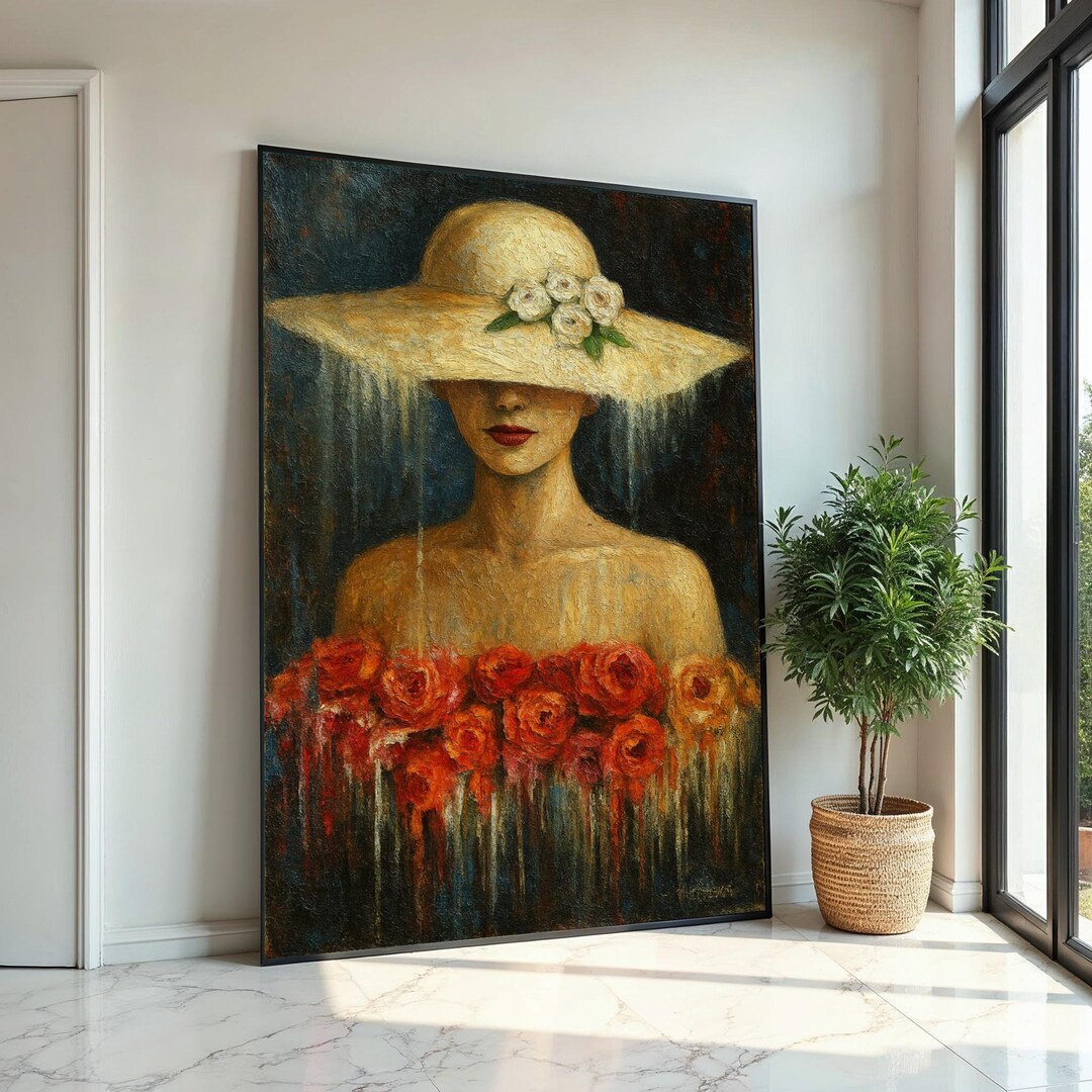 Lady in Floral Hat Canvas, Elegant Woman Art, Roses Canvas Wall Print ...