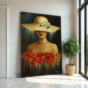 Lady in Floral Hat Canvas, Elegant Woman Art, Roses Canvas Wall Print, Wall Art Canvas Design, Ready to Hang Decoration