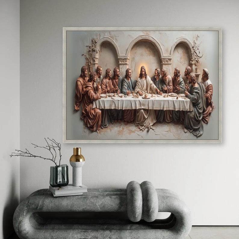 Art mural sur toile La Cène, décoration religieuse chrétienne, tableau Jésus et ses apôtres, toile scène biblique, décoration prête à accrocher image 6
