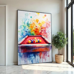 Colorful Pool Table Watercolor Painting, Vibrant Billiards Art with Splattered Rainbow Colors, Contemporary Sports Wall Art Print