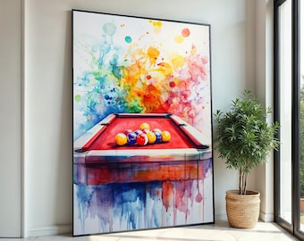 Colorful Pool Table Watercolor Painting, Vibrant Billiards Art with Splattered Rainbow Colors, Contemporary Sports Wall Art Print