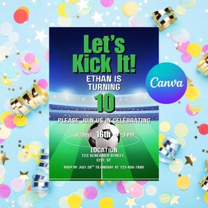 Invitación de fútbol, invitación de cumpleaños de fútbol, invitación a fiesta deportiva, invitación de "Let's Kick It", enlace de plantilla de Canva, descarga digital, aficionado al fútbol